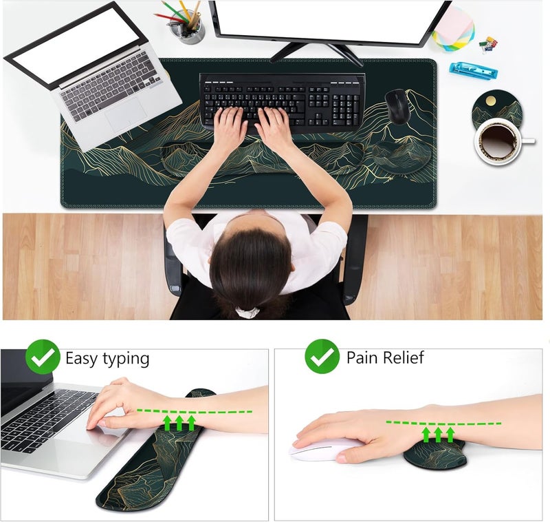 AIMSA Keyboard & Mouse Pad Set, Extended Desk Mat + Ergonomic Mouse & Keyboard Wrist Rest Support, 35x15.7in Abstract Gold Sun Mountain - Image 3